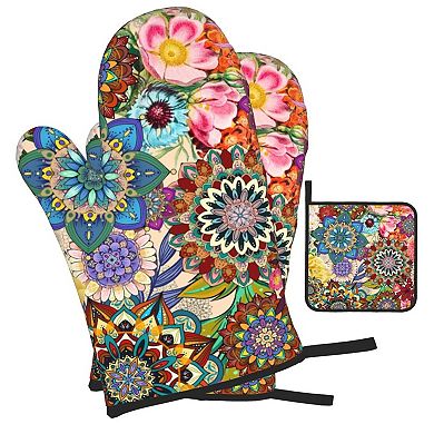 Floral Oven Mitt and Pot Holder Set Heat-Resistant Pads