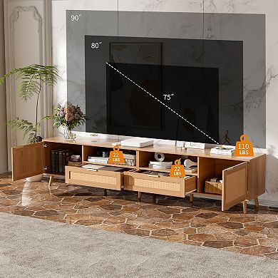 Trikiousd 86.6" Rattan TV Stand for TVs up to 90", Modern Farmhouse Media Console with Storage