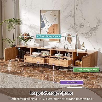 Trikiousd 86.6" Rattan TV Stand for TVs up to 90", Modern Farmhouse Media Console with Storage