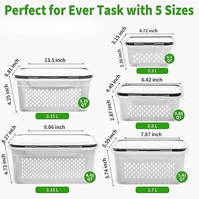 Zoulao 5-Pack Fruit Storage Containers with Removable Colander, 2-in-1 Fridge Organizers.