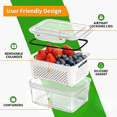 Zoulao 5-Pack Fruit Storage Containers with Removable Colander, 2-in-1 Fridge Organizers.