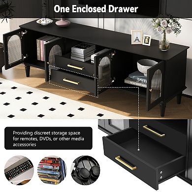 Trikiousd 68.9" Retro TV Stand with Fluted Glass Doors and Solid Wood Legs