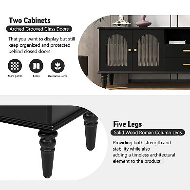Trikiousd 68.9" Retro TV Stand with Fluted Glass Doors and Solid Wood Legs
