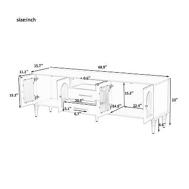 Trikiousd 68.9" Retro TV Stand with Fluted Glass Doors and Solid Wood Legs