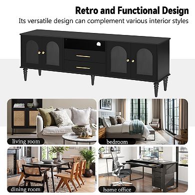 Trikiousd 68.9" Retro TV Stand with Fluted Glass Doors and Solid Wood Legs