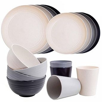 Zoulao 16 pc Wheat Straw Plates & Bowls Set for 4, Unbreakable & Microwave Safe for Camping