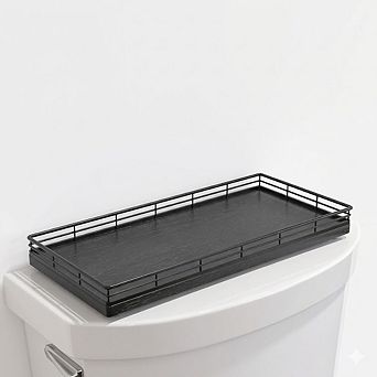 Wood Toilet Tank Tray with Storage Basket for Bathroom Vanity Decor