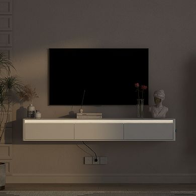 Trikiousd Floating TV Stand with LED Lights and Power Outlet, Wall-Mounted Cabinet