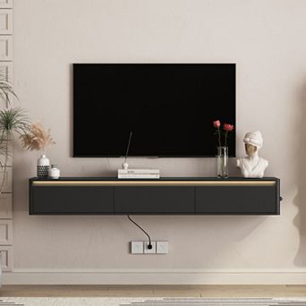 Trikiousd Floating TV Stand with LED Lights and Power Outlet, Wall-Mounted Cabinet