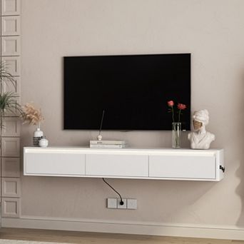Trikiousd Floating TV Stand with LED Lights and Power Outlet, Wall-Mounted Cabinet