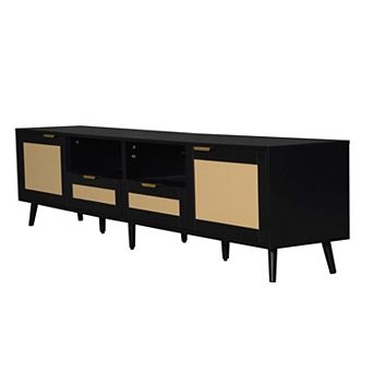 Trikiousd 78.74" Modern Rattan TV Stand for Up to 85-Inch TVs with Storage Cabinets & Open Shelves