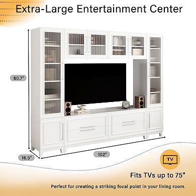 Trikiousd 102" Wall Unit TV Stand with Glass Doors & Drawers for TVs Up to 75"