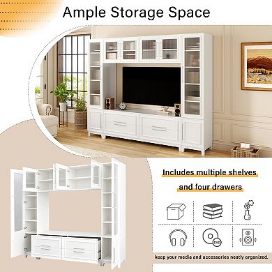 Trikiousd 102" Wall Unit TV Stand with Glass Doors & Drawers for TVs Up to 75"