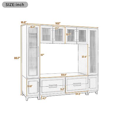 Trikiousd 102" Wall Unit TV Stand with Glass Doors & Drawers for TVs Up to 75"