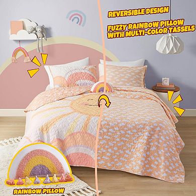 Cotton Four-Piece Bedspread Set with Sun and Cloud, Reversible