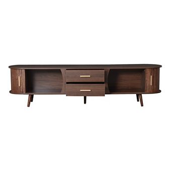 Trikiousd 70.8 Inch Woodgrain TV Stand with Solid Wood Legs, Sliding Doors & Waterproof Surface