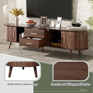 Trikiousd 70.8 Inch Woodgrain TV Stand with Solid Wood Legs, Sliding Doors & Waterproof Surface