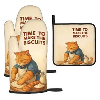 Cute Cat Oven Mitt and Pot Holder Set