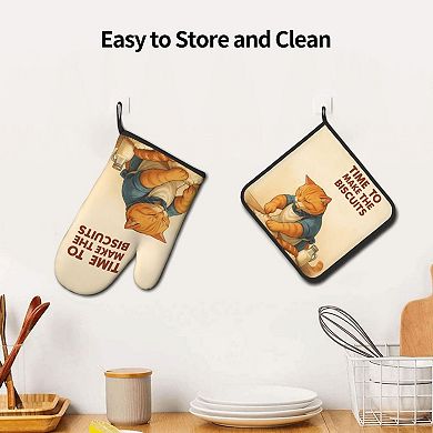 Cute Cat Oven Mitt and Pot Holder Set
