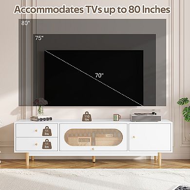 Trikiousd 70.9" TV Stand for TVs up to 80", Rattan Media Console with Drawers & Flip-Up Compartment