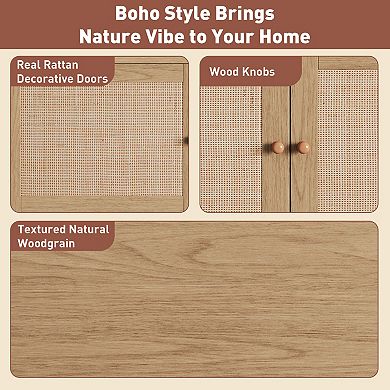 Trikiousd Boho TV Stand for TVs up to 85", Media Console with Real Rattan, Open Storage & Drawers