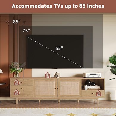 Trikiousd Boho TV Stand for TVs up to 85", Media Console with Real Rattan, Open Storage & Drawers