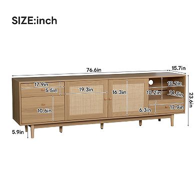 Trikiousd Boho TV Stand for TVs up to 85", Media Console with Real Rattan, Open Storage & Drawers