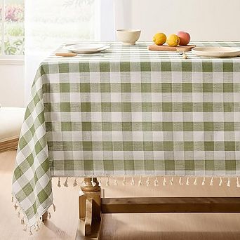Checkered Linen-Cotton Tablecloth Heavy-Duty Tassel Picnic Cover