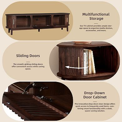 Trikiousd 66.9" Wood TV Stand with Solid Wood Legs, Sliding & Drop-Down Doors, Waterproof Surface