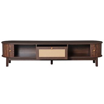 Trikiousd 66.9 Inch Rattan TV Stand with Solid Wood Legs, Sliding Doors & Waterproof Surface