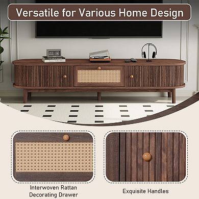Trikiousd 66.9 Inch Rattan TV Stand with Solid Wood Legs, Sliding Doors & Waterproof Surface