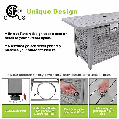 43" Propane Fire Pit Table, 50000 BTU Pulse Ignition Iron Fire Table for Outdoor Patio（Windshield）