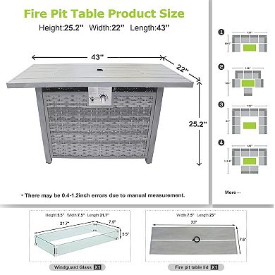 43" Propane Fire Pit Table, 50000 BTU Pulse Ignition Iron Fire Table for Outdoor Patio（Windshield）
