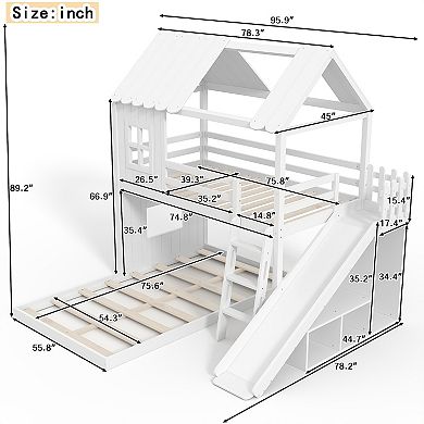 Trikiousd Twin over Full House Floor Bunk Bed with Slides, Storage Shelves & Wardrobe