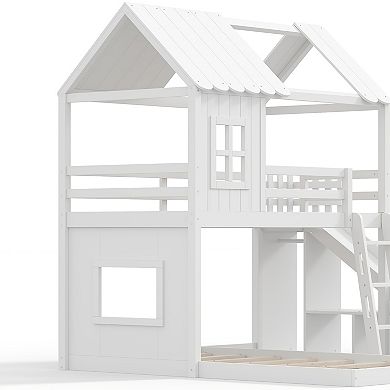 Trikiousd Twin over Full House Floor Bunk Bed with Slides, Storage Shelves & Wardrobe