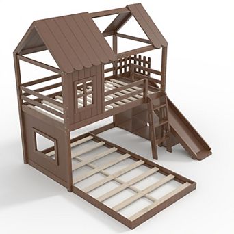 Trikiousd Twin over Full House Floor Bunk Bed with Slides, Storage Shelves & Wardrobe