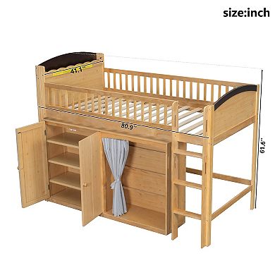 Trikiousd LED Low Loft Bed Wood Kids Twin Bed with Under-Bed Play Space, Storage Cabinet & Wardrobe