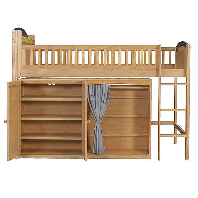 Trikiousd LED Low Loft Bed Wood Kids Twin Bed with Under-Bed Play Space, Storage Cabinet & Wardrobe