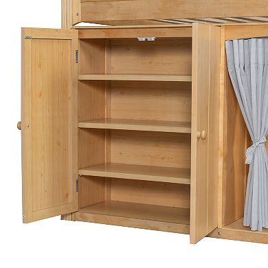 Trikiousd LED Low Loft Bed Wood Kids Twin Bed with Under-Bed Play Space, Storage Cabinet & Wardrobe