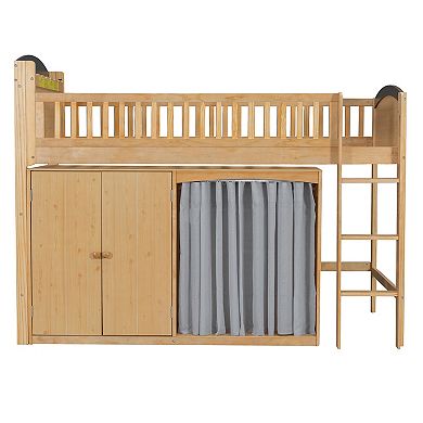 Trikiousd LED Low Loft Bed Wood Kids Twin Bed with Under-Bed Play Space, Storage Cabinet & Wardrobe