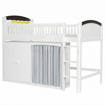 Trikiousd LED Low Loft Bed Wood Kids Twin Bed with Under-Bed Play Space, Storage Cabinet & Wardrobe