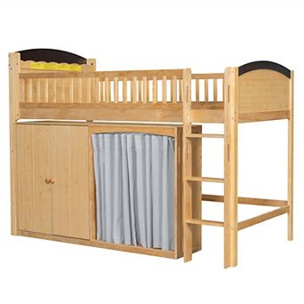 Trikiousd LED Low Loft Bed Wood Kids Twin Bed with Under-Bed Play Space, Storage Cabinet & Wardrobe