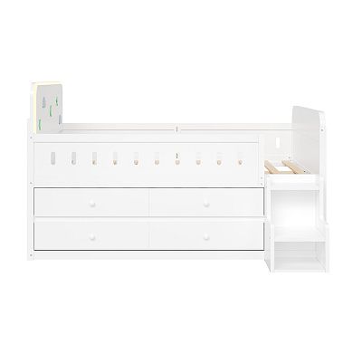 Trikiousd Full Size Solid Wood Bed LED Platform Bed w/Guardrails, 4 Under-Bed Drawers