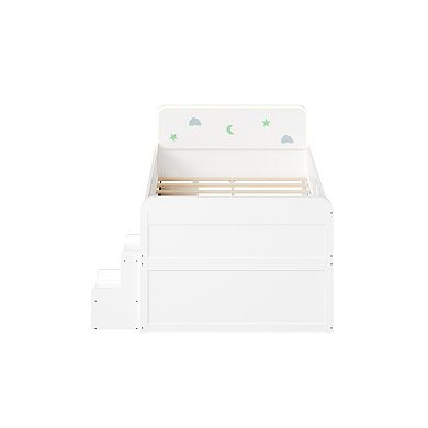 Trikiousd Full Size Solid Wood Bed LED Platform Bed w/Guardrails, 4 Under-Bed Drawers