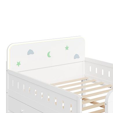 Trikiousd Full Size Solid Wood Bed LED Platform Bed w/Guardrails, 4 Under-Bed Drawers