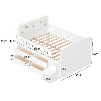 Trikiousd Full Size Solid Wood Bed LED Platform Bed w/Guardrails, 4 Under-Bed Drawers