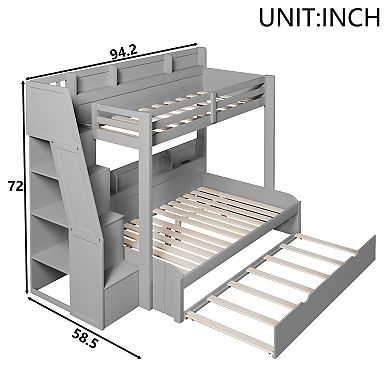 Trikiousd Twin over Full LED Solid Pine Wood Bunkbed w/ Trundle Bed, Storage Staircase & USB