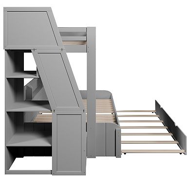 Trikiousd Twin over Full LED Solid Pine Wood Bunkbed w/ Trundle Bed, Storage Staircase & USB
