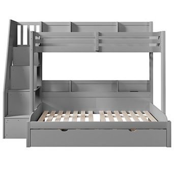 Trikiousd Twin over Full LED Solid Pine Wood Bunkbed w/ Trundle Bed, Storage Staircase & USB