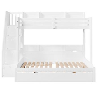 Trikiousd Twin over Full LED Solid Pine Wood Bunkbed w/ Trundle Bed, Storage Staircase & USB